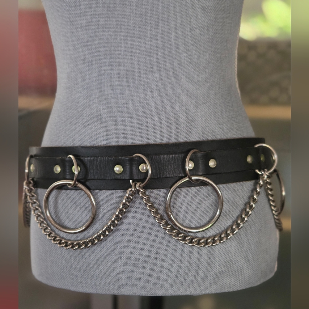 Y2K Draping Chain Halter O-Ring Black Leather Belt Silver-Tone Gothic Punk Rock - Picture 6 of 8